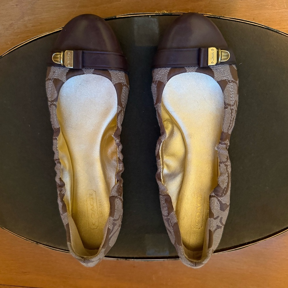 Coach Delphine Signature Jacquard Leather Ballet Flats Dark Brown/Light Brown